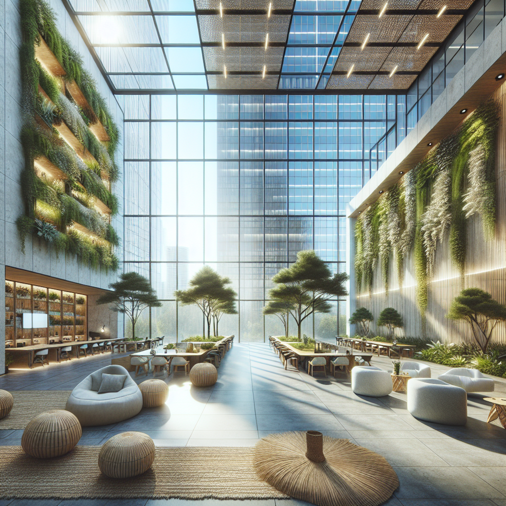 Modern biophilic office lounge with vertical gardens, skylight, indoor trees, natural textures, and tranquil water features.