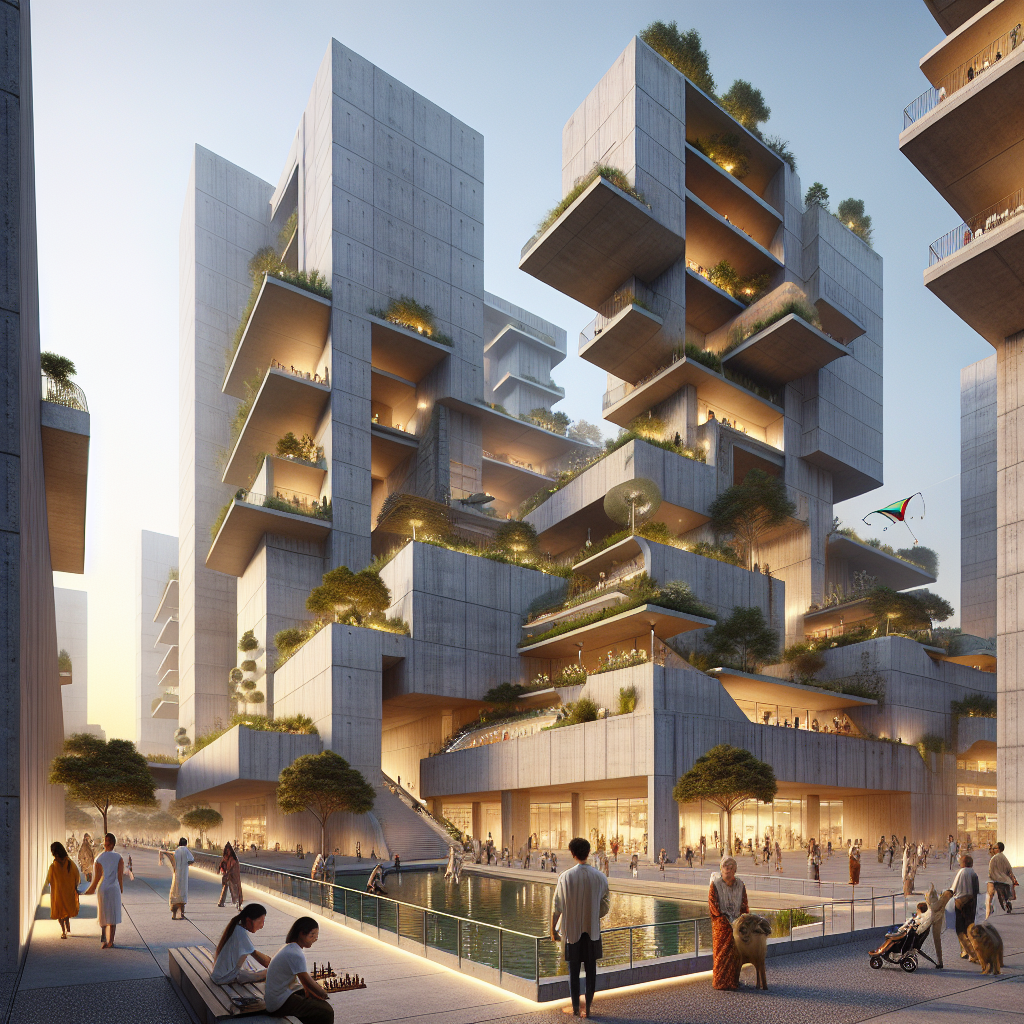 Hyperrealistic Brutalist cityscape at dusk with sustainable concrete buildings, green rooftops, solar panels, and people in human-centric design.