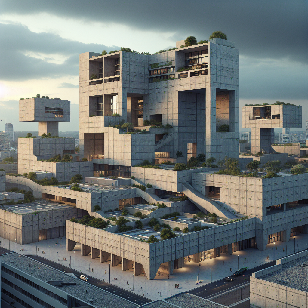 Hyperrealistic Brutalist cityscape at dusk with sustainable concrete buildings, green rooftops, solar panels, and people in human-centric design.