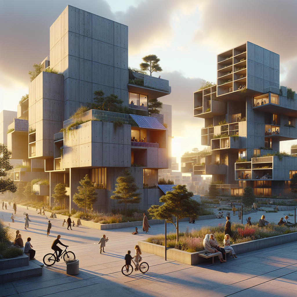 Hyperrealistic Brutalist cityscape at dusk with sustainable concrete buildings, green rooftops, solar panels, and people in human-centric design.