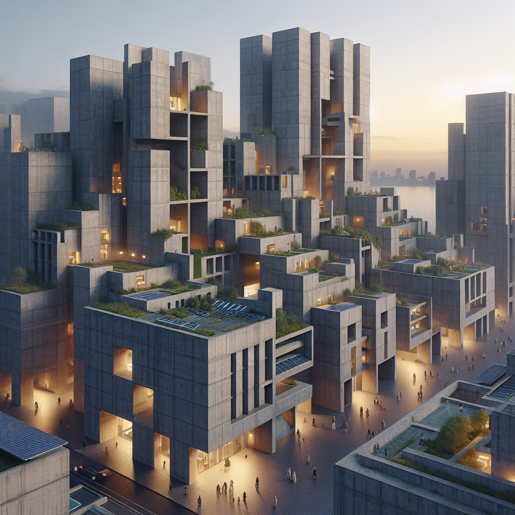 Hyperrealistic Brutalist cityscape at dusk with sustainable concrete buildings, green rooftops, solar panels, and people in human-centric design.