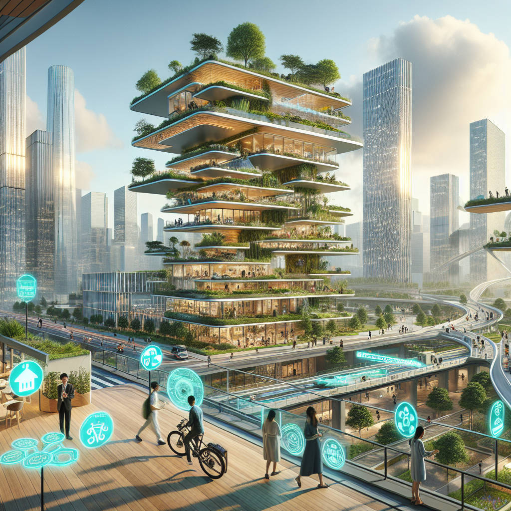 Hyperrealistic futuristic sustainable city with green rooftops, wooden skyscrapers, AR design, and pedestrian-focused urban planning.