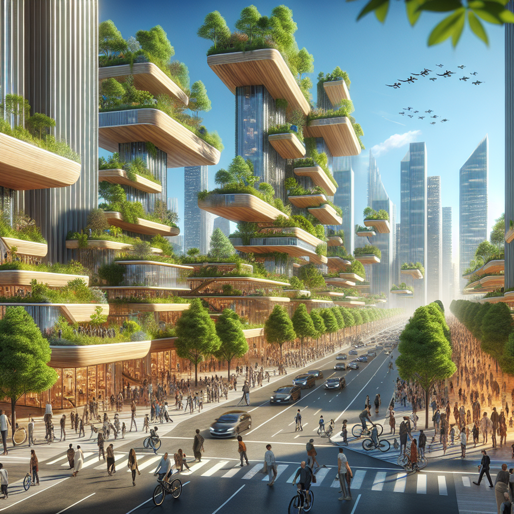 Hyperrealistic futuristic sustainable city with green rooftops, wooden skyscrapers, AR design, and pedestrian-focused urban planning.