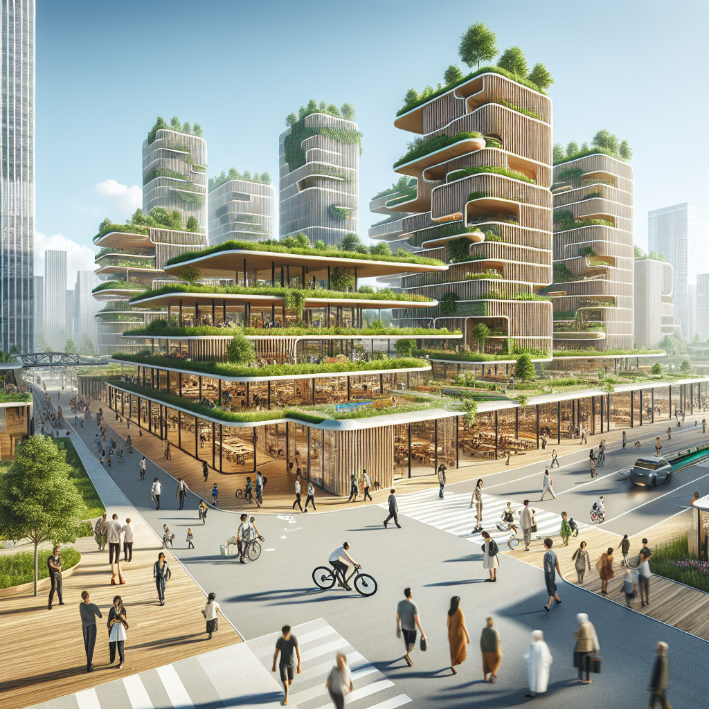 Hyperrealistic futuristic sustainable city with green rooftops, wooden skyscrapers, AR design, and pedestrian-focused urban planning.