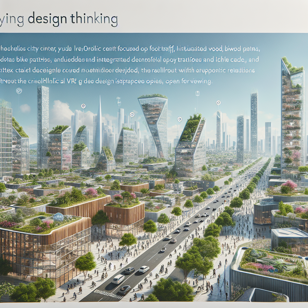 Hyperrealistic futuristic sustainable city with green rooftops, wooden skyscrapers, AR design, and pedestrian-focused urban planning.