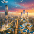 Hyperrealistic aerial of futuristic city with drone delivery, Amazon Hive towers, drone highways, biophilic skyscrapers at sunset.