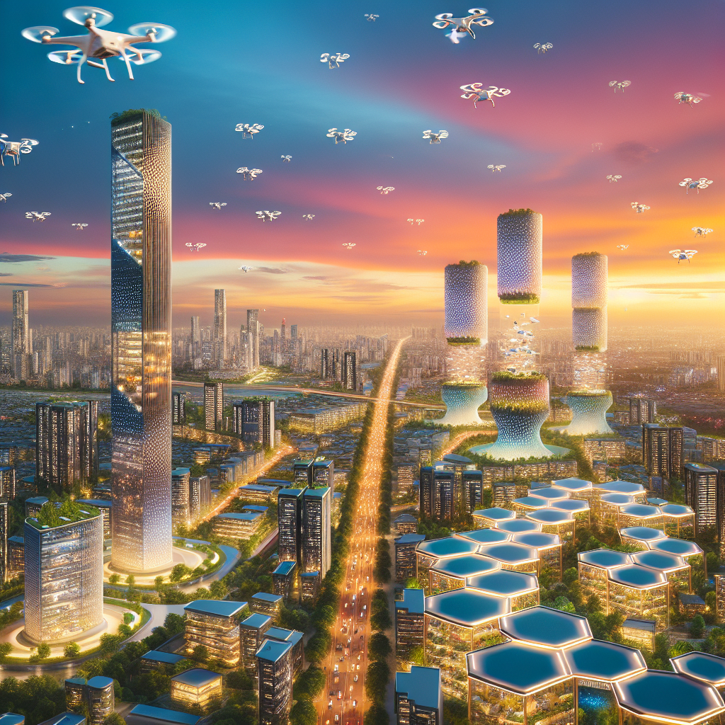 Hyperrealistic aerial of futuristic city with drone delivery, Amazon Hive towers, drone highways, biophilic skyscrapers at sunset.