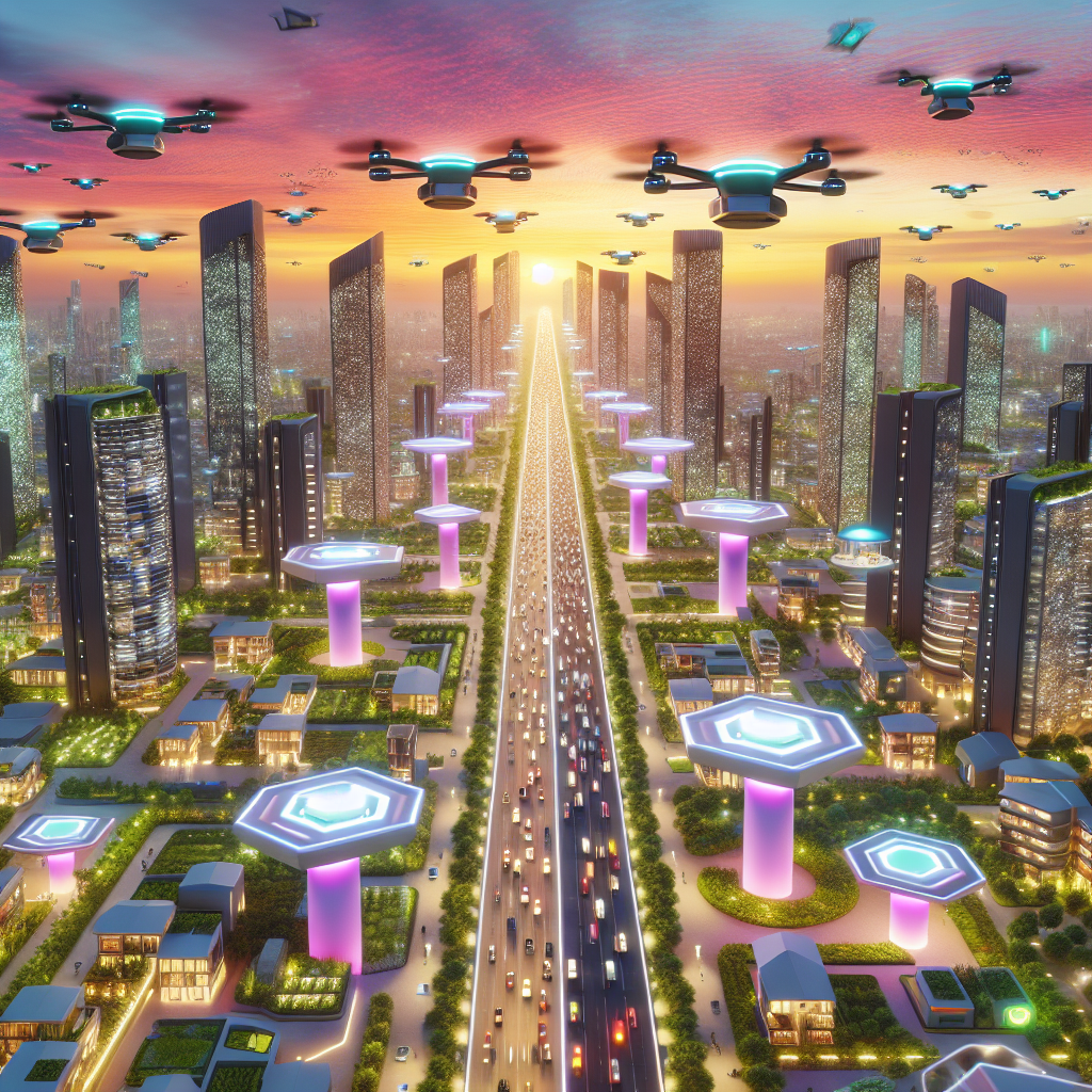 Hyperrealistic aerial of futuristic city with drone delivery, Amazon Hive towers, drone highways, biophilic skyscrapers at sunset.
