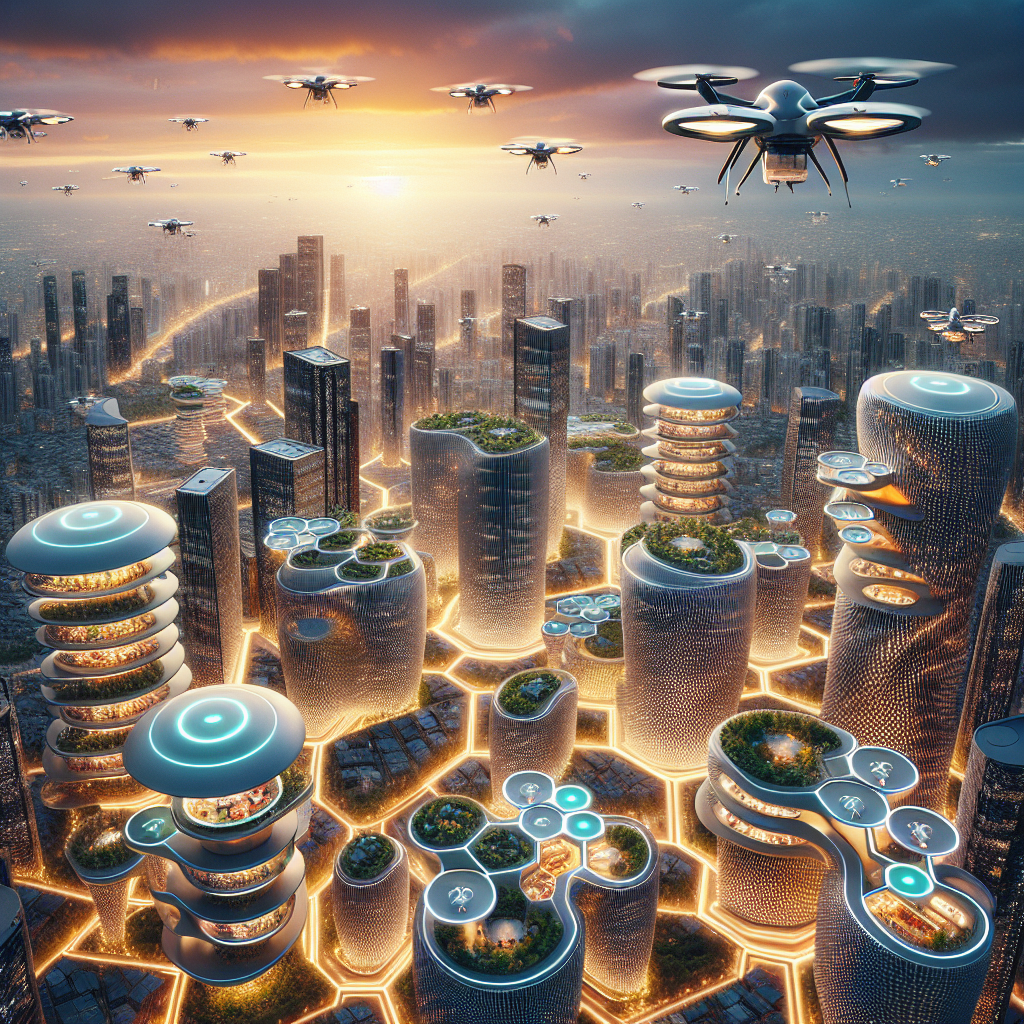 Hyperrealistic aerial of futuristic city with drone delivery, Amazon Hive towers, drone highways, biophilic skyscrapers at sunset.