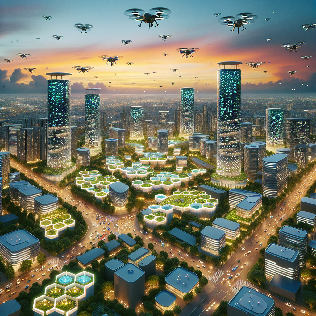 Hyperrealistic aerial of futuristic city with drone delivery, Amazon Hive towers, drone highways, biophilic skyscrapers at sunset.