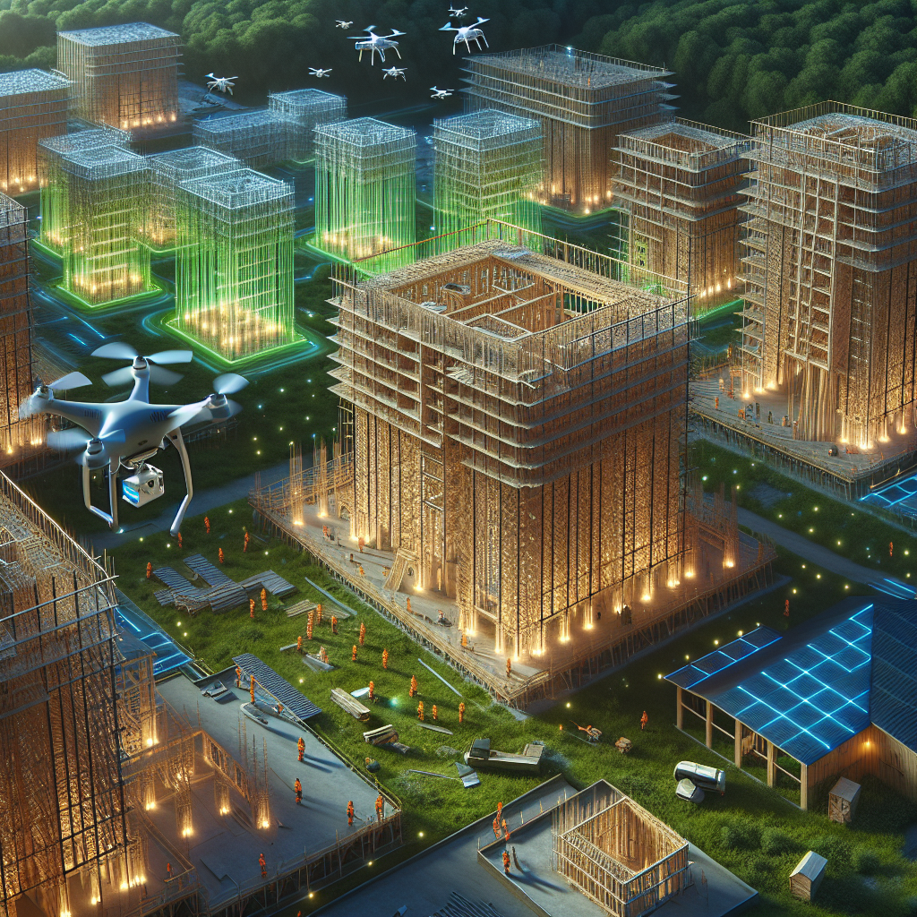 Aerial view of modern construction site with drones scanning timber high-rises, workers in gear, and preserved greenery around perimeter.