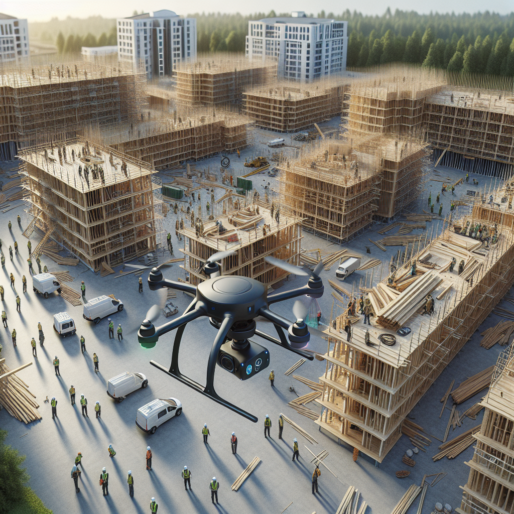 Aerial view of modern construction site with drones scanning timber high-rises, workers in gear, and preserved greenery around perimeter.