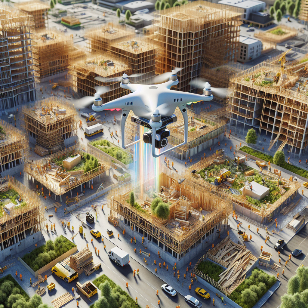 Aerial view of modern construction site with drones scanning timber high-rises, workers in gear, and preserved greenery around perimeter.