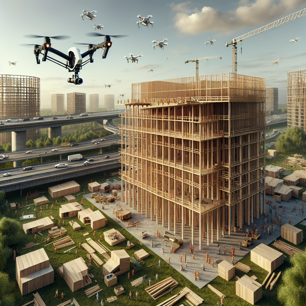 Aerial view of modern construction site with drones scanning timber high-rises, workers in gear, and preserved greenery around perimeter.