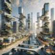 Futuristic sustainable city with green skyscrapers, solar panels, wind turbines, floating homes, and smart tech in nature-integrated design.