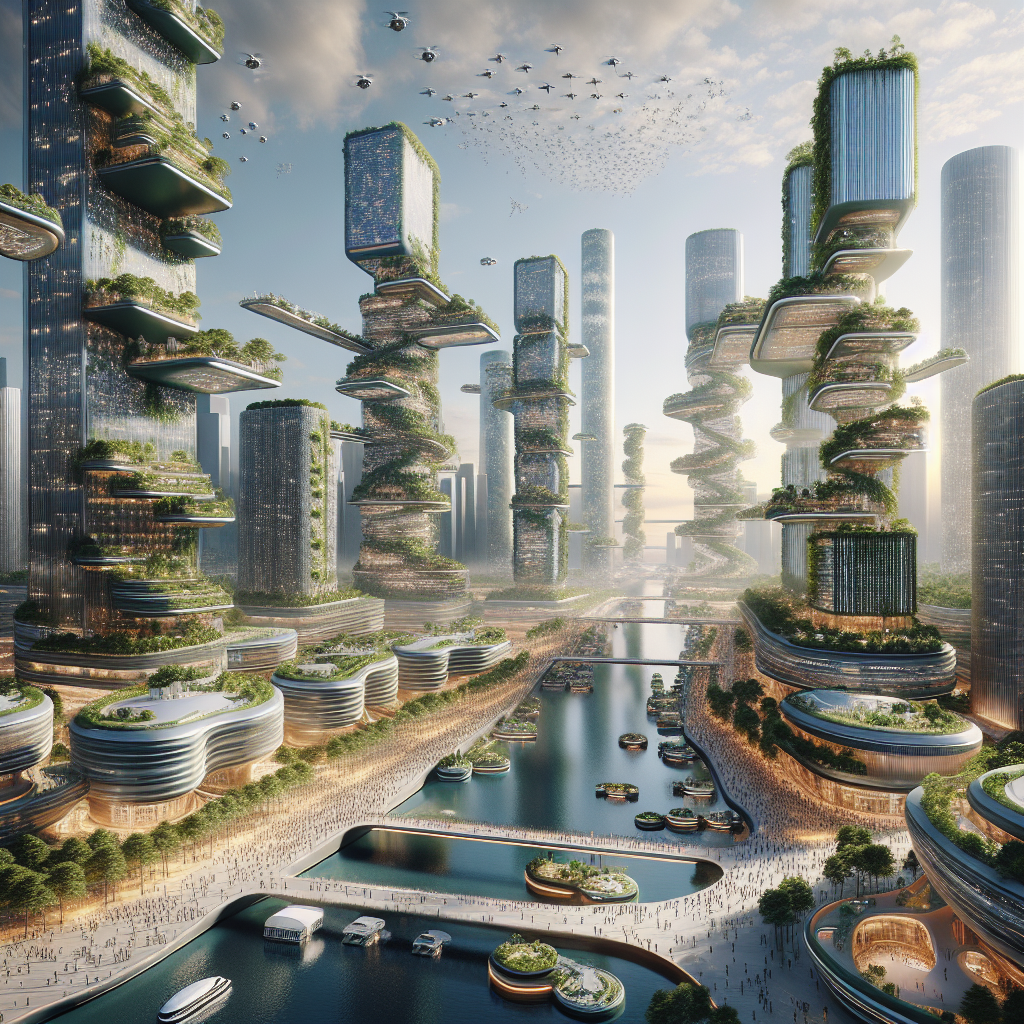 Futuristic sustainable city with green skyscrapers, solar panels, wind turbines, floating homes, and smart tech in nature-integrated design.