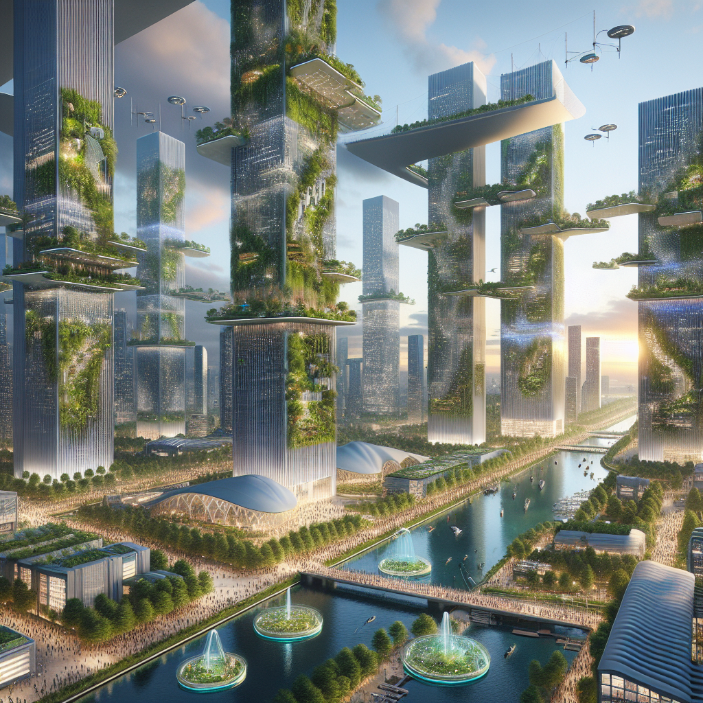 Futuristic sustainable city with green skyscrapers, solar panels, wind turbines, floating homes, and smart tech in nature-integrated design.