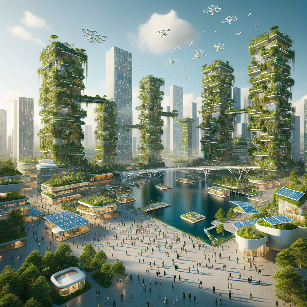 Futuristic sustainable city with green skyscrapers, solar panels, wind turbines, floating homes, and smart tech in nature-integrated design.