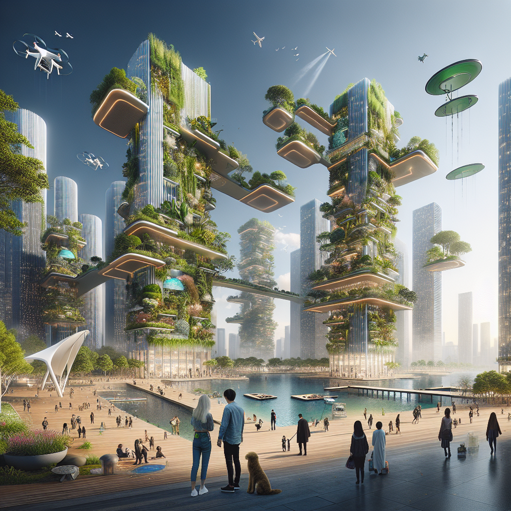 Futuristic sustainable city with green skyscrapers, solar panels, wind turbines, floating homes, and smart tech in nature-integrated design.