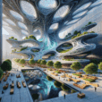 Futuristic urban plaza with generative parametric buildings, biomimetic façades, and sustainable organic design elements.