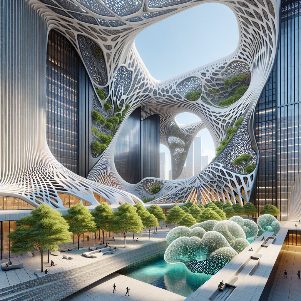 Futuristic urban plaza with generative parametric buildings, biomimetic façades, and sustainable organic design elements.
