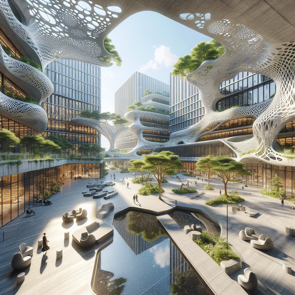 Futuristic urban plaza with generative parametric buildings, biomimetic façades, and sustainable organic design elements.
