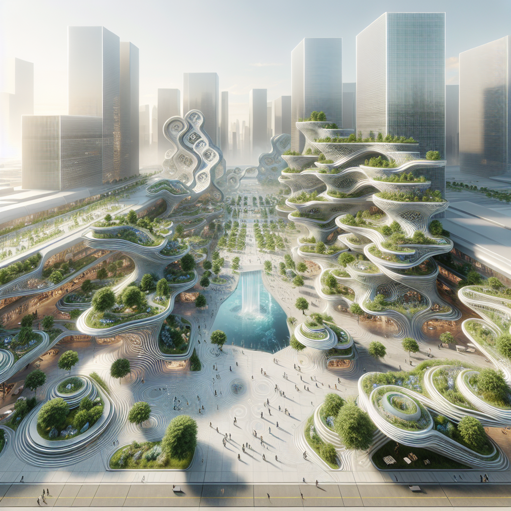 Futuristic urban plaza with generative parametric buildings, biomimetic façades, and sustainable organic design elements.
