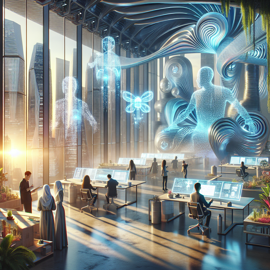 Futuristic architectural studio with AI collaboration, holographic blueprints, organic skyscrapers, and biophilic design elements.