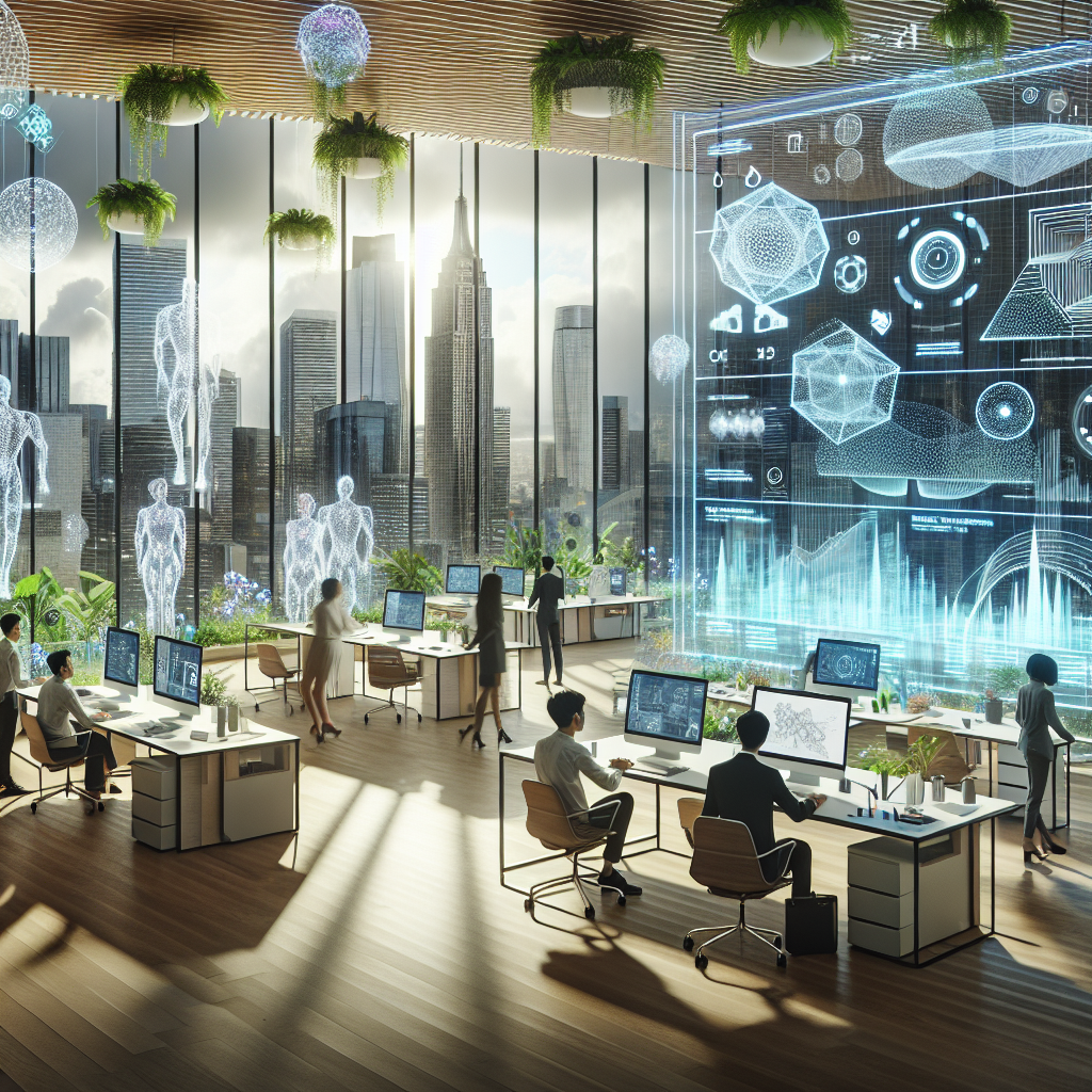 Futuristic architectural studio with AI collaboration, holographic blueprints, organic skyscrapers, and biophilic design elements.