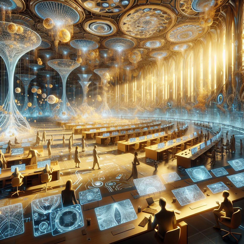 Futuristic architectural studio with AI collaboration, holographic blueprints, organic skyscrapers, and biophilic design elements.