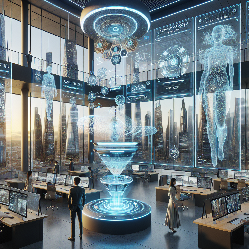 Futuristic architectural studio with AI collaboration, holographic blueprints, organic skyscrapers, and biophilic design elements.