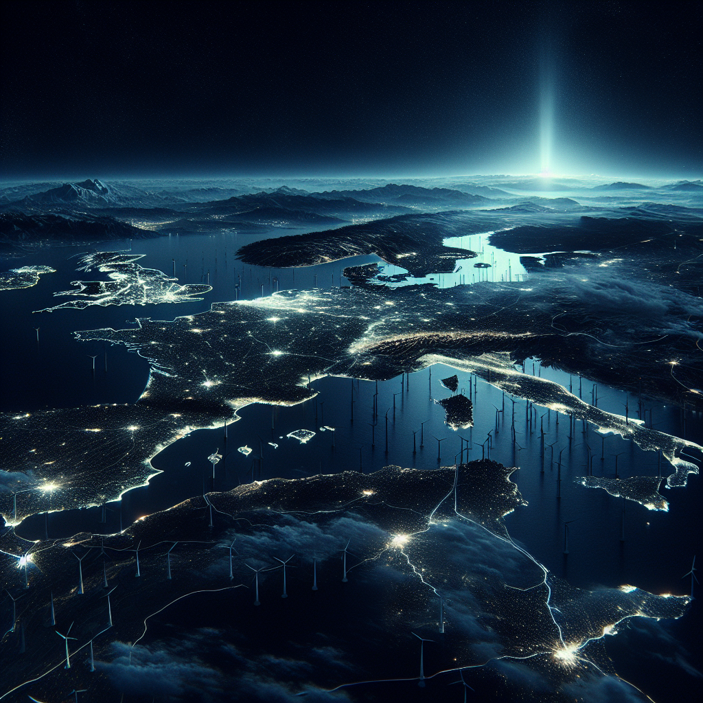 Hyperrealistic aerial view of Iberian Peninsula blackout at night with faint lights in Madrid, Lisbon, and Barcelona, hinting at future energy solutions.