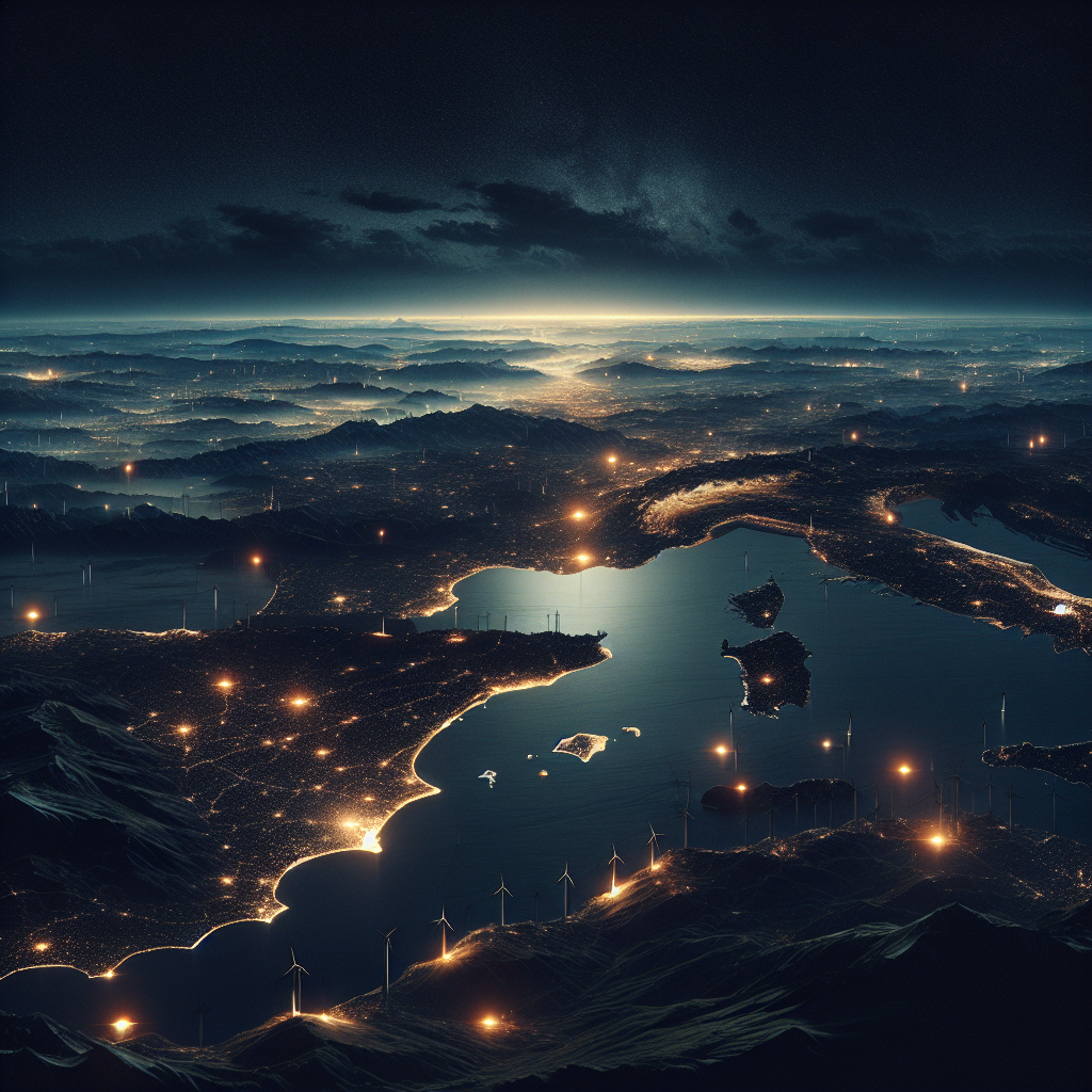 Hyperrealistic aerial view of Iberian Peninsula blackout at night with faint lights in Madrid, Lisbon, and Barcelona, hinting at future energy solutions.