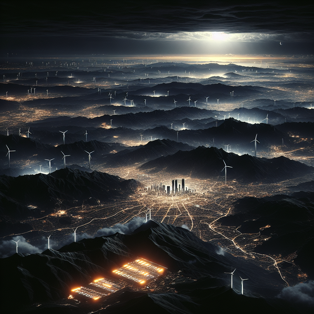 Hyperrealistic aerial view of Iberian Peninsula blackout at night with faint lights in Madrid, Lisbon, and Barcelona, hinting at future energy solutions.