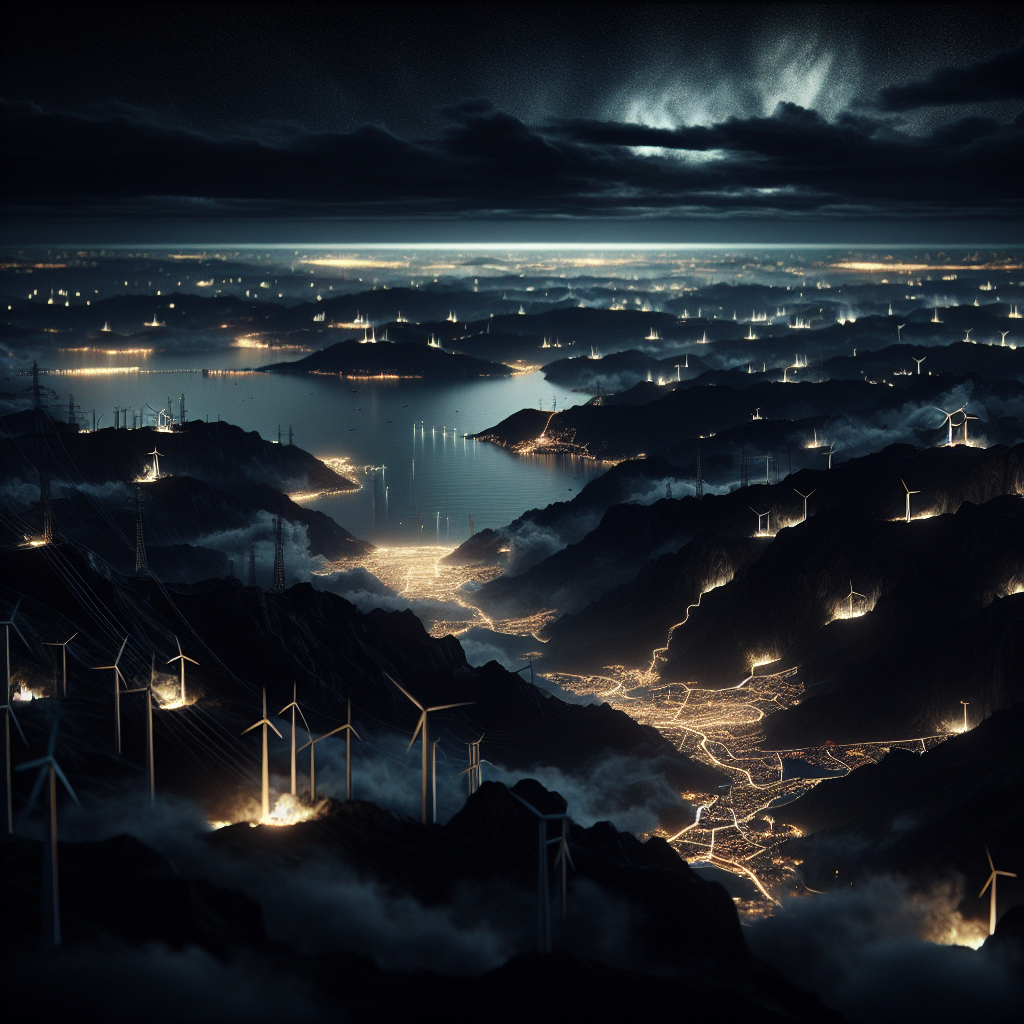 Hyperrealistic aerial view of Iberian Peninsula blackout at night with faint lights in Madrid, Lisbon, and Barcelona, hinting at future energy solutions.