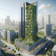 Hyperrealistic Green Haven Tower in Copenhagen with vertical gardens, solar panels, wind turbines, and eco-friendly urban design.