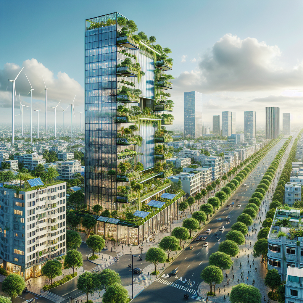 Hyperrealistic Green Haven Tower in Copenhagen with vertical gardens, solar panels, wind turbines, and eco-friendly urban design.