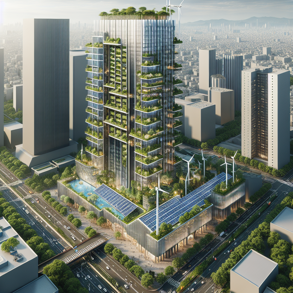 Hyperrealistic Green Haven Tower in Copenhagen with vertical gardens, solar panels, wind turbines, and eco-friendly urban design.