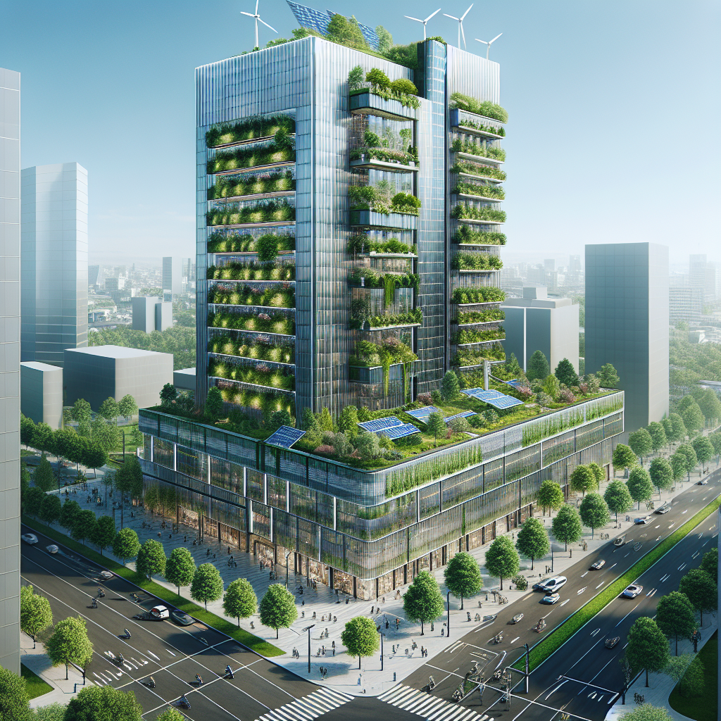 Hyperrealistic Green Haven Tower in Copenhagen with vertical gardens, solar panels, wind turbines, and eco-friendly urban design.