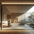 Hyperrealistic Zen minimalist living room with smart ambient lighting, oak floors, concrete walls, and serene indoor-outdoor garden design.