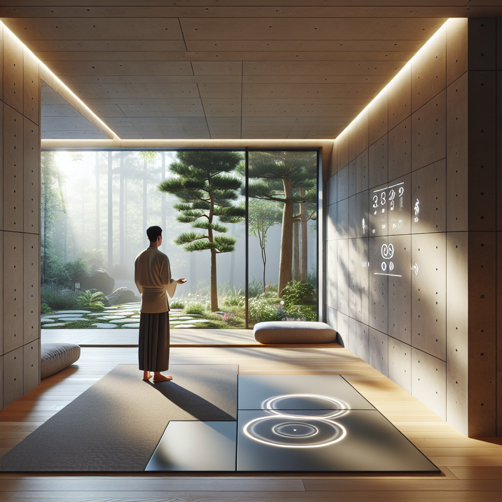 Hyperrealistic Zen minimalist living room with smart ambient lighting, oak floors, concrete walls, and serene indoor-outdoor garden design.