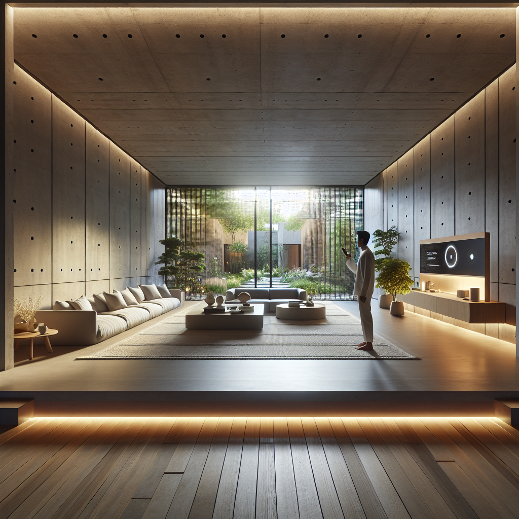 Hyperrealistic Zen minimalist living room with smart ambient lighting, oak floors, concrete walls, and serene indoor-outdoor garden design.