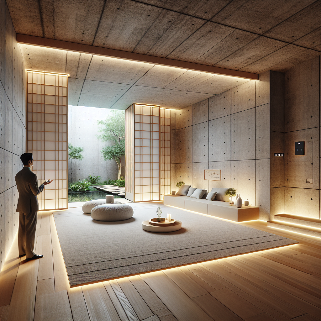 Hyperrealistic Zen minimalist living room with smart ambient lighting, oak floors, concrete walls, and serene indoor-outdoor garden design.