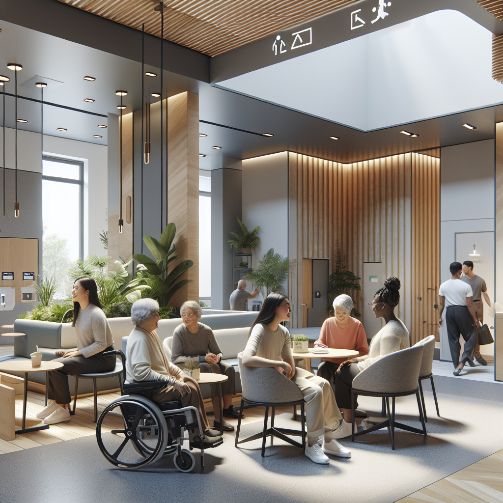 Hyperrealistic inclusive interior with step-free access, biophilic design, ergonomic seating, and diverse people in a modern shared space.