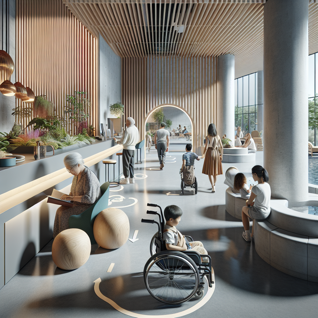 Hyperrealistic inclusive interior with step-free access, biophilic design, ergonomic seating, and diverse people in a modern shared space.