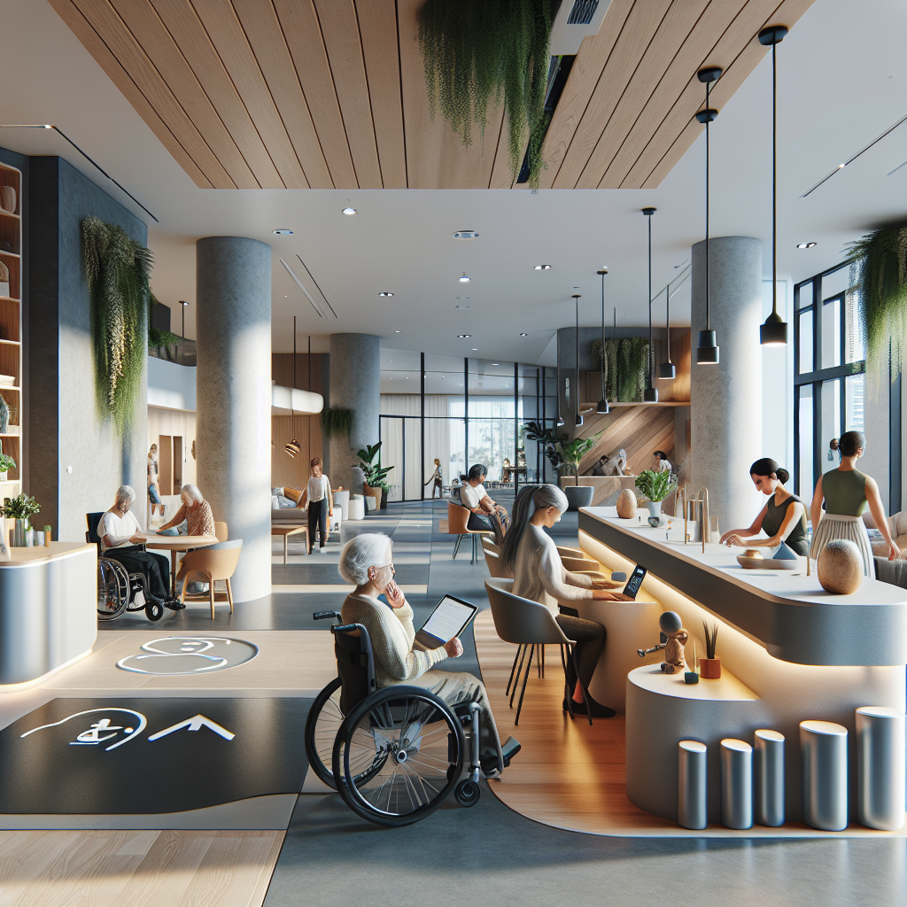 Hyperrealistic inclusive interior with step-free access, biophilic design, ergonomic seating, and diverse people in a modern shared space.