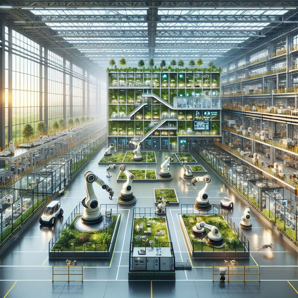 Futuristic smart factory with IoT tech, robotic arms, autonomous vehicles, and sustainable architecture with green walls and skylights.