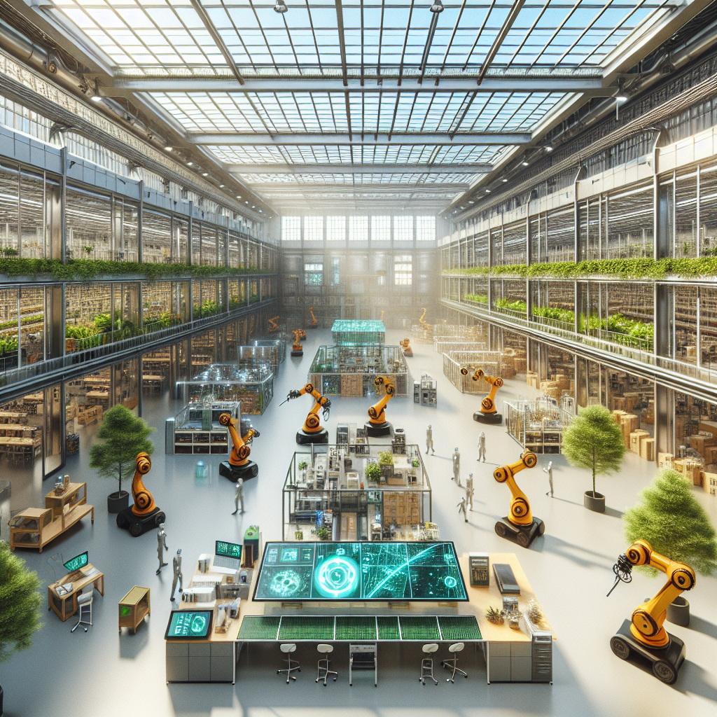 Futuristic smart factory with IoT tech, robotic arms, autonomous vehicles, and sustainable architecture with green walls and skylights.