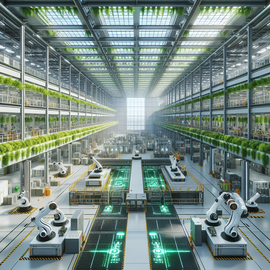 Futuristic smart factory with IoT tech, robotic arms, autonomous vehicles, and sustainable architecture with green walls and skylights.