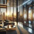 Luxurious smart penthouse at sunrise with IoT devices and cybersecurity visuals overlooking Manhattan skyline, hyperrealistic interior design.